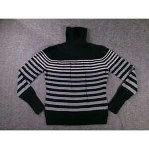 ANA Sweater Women M Petite Black Gray Striped Turtleneck Cashmere Blend Pullover